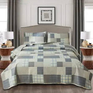 Grey Blue Yellow Bedding Full/Queen Size Summer Patchwork Lightweight Soft Breathable Check Bedspread Gingham Bedding Checker Pattern Coverlet Bed Cover Set Geometric Home Decor