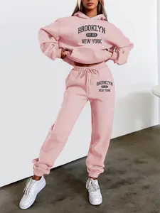 Women's Hooded Sweatshirt Set, Fitted, Fall & Winter, Brooklyn Letter Vintage Print, Casual American Retro Style, Daily Campus Scene