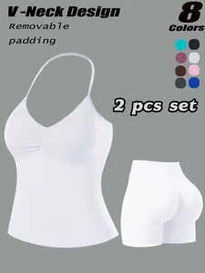 Women's New Seamless Halter Sports Bra + Peach Butt Shorts Set, V Neck Detachable Pads, High Elasticity Workout, Fashionable Slimming Set