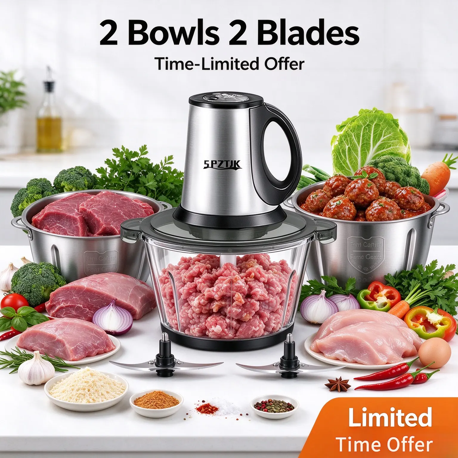SPZTJK Electric Food Chopper, 2 Bowls & 2 Blades Mini Food Processor, Electric Meat Grinder, Easy to Clean, Great Kitchen Helper for Meat, Vegetables, Onion, Salsa, Guacamole & Baby Food