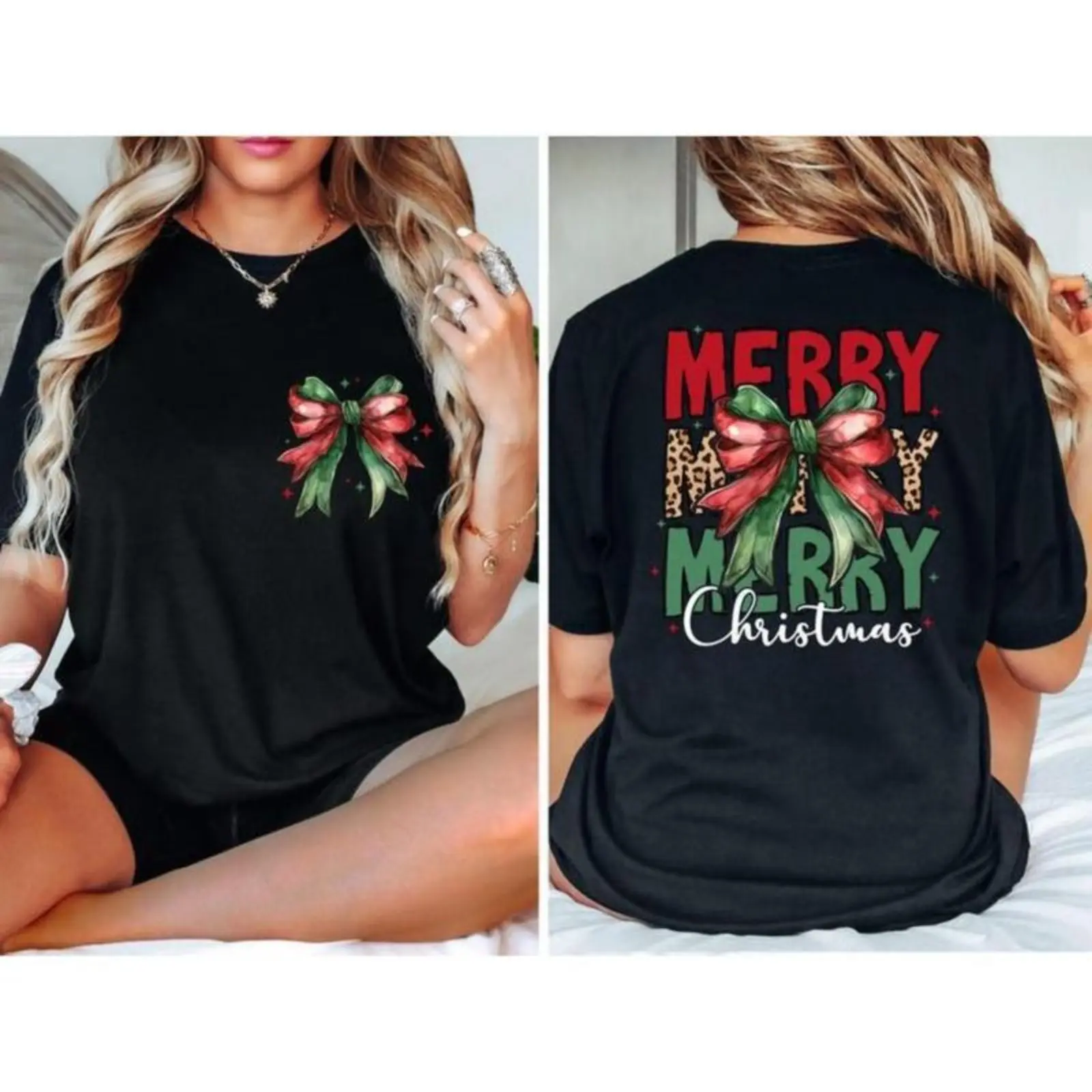 Merry Christmas Bow Shirt, Retro Merry Christmas Shirt, Christmas Lights shirt, Holiday gift, Mama Gift Casual Fabric Black Crewneck vintage graphic tees