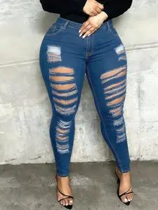 Women's Plus Size Ripped Skinny Elastic Jeans, Trendy Fashion Denim Jeans, Sexy Style, All Seasons Wear, No Ca Prop 65 Warning