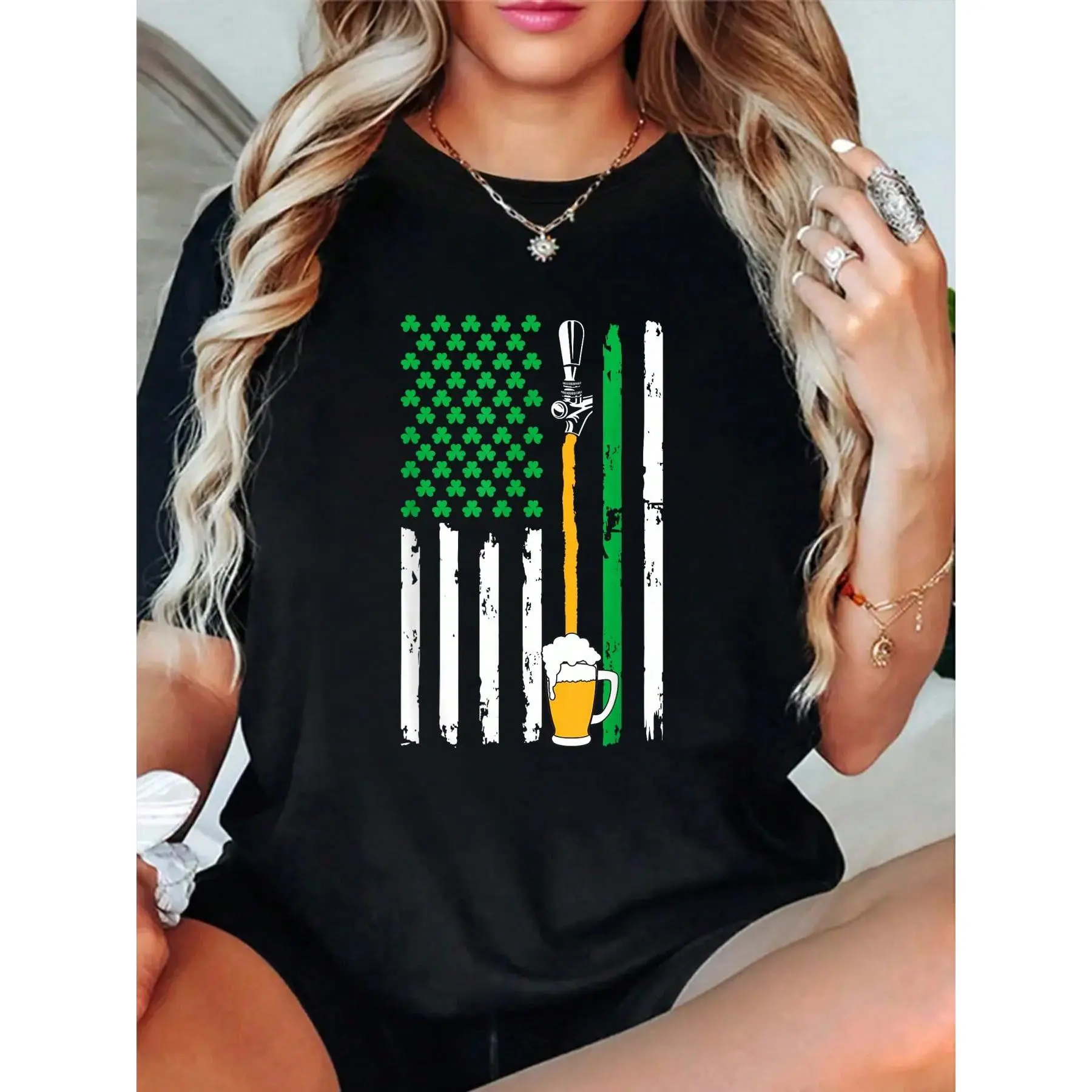 100% Cotton Irish American Flag Beer Shirt St Patricks Day Men Women T-Shirt Men's Women's Soft Breathable Tee Classic Fashion Summer Tops Printing Short Sleeve T-Shirt Summer, Cotton, Casual, Short Sleeve, Graphic Tee, Soft, Breathable, Loose Fit, Street