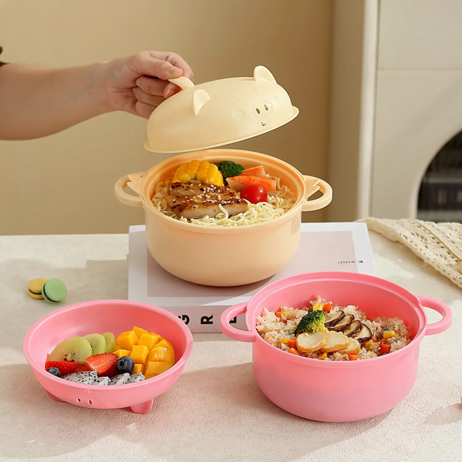 Piglet Lamian Noodles Pot Bowl Set with Handle, Spoon, Fork, Chopsticks, and Lamian Noodles Pot for Men and Women, Spring Kitchen Supp