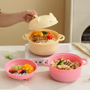 MIUVA 4 Sets Piglet Lamian Noodles Pot Bowl Set with Handle Fast Lamian Noodles Pot Spoon Chopsticks Fork for University Dormitory Apartment Men's Women's Necessities Environmental Protection Tableware Set Valentine's Day gift Christmas Gift Set Stock Up