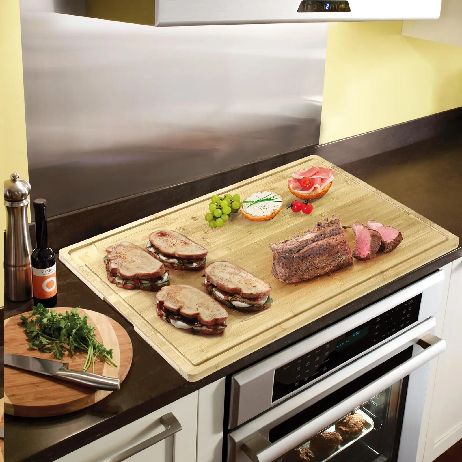 【GARVEE】30 Inch Extra Large Bamboo Cutting Board with Handle and Juice Groove, Versatile Kitchen Tool for Chopping, Meat Carving, Noodle Preparation, and Charcuterie, 30 x 20 Inch