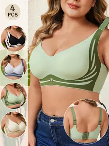 🔥 Plus Size Women's Seamless Jelly Strip Soft Support Wireless Bra, W-Shape Lift Anti-Sagging, Contrast Color Breathable, Adjustable Straps Back Hook Closure, Full Bust Friendly for Yoga Commute All Wear