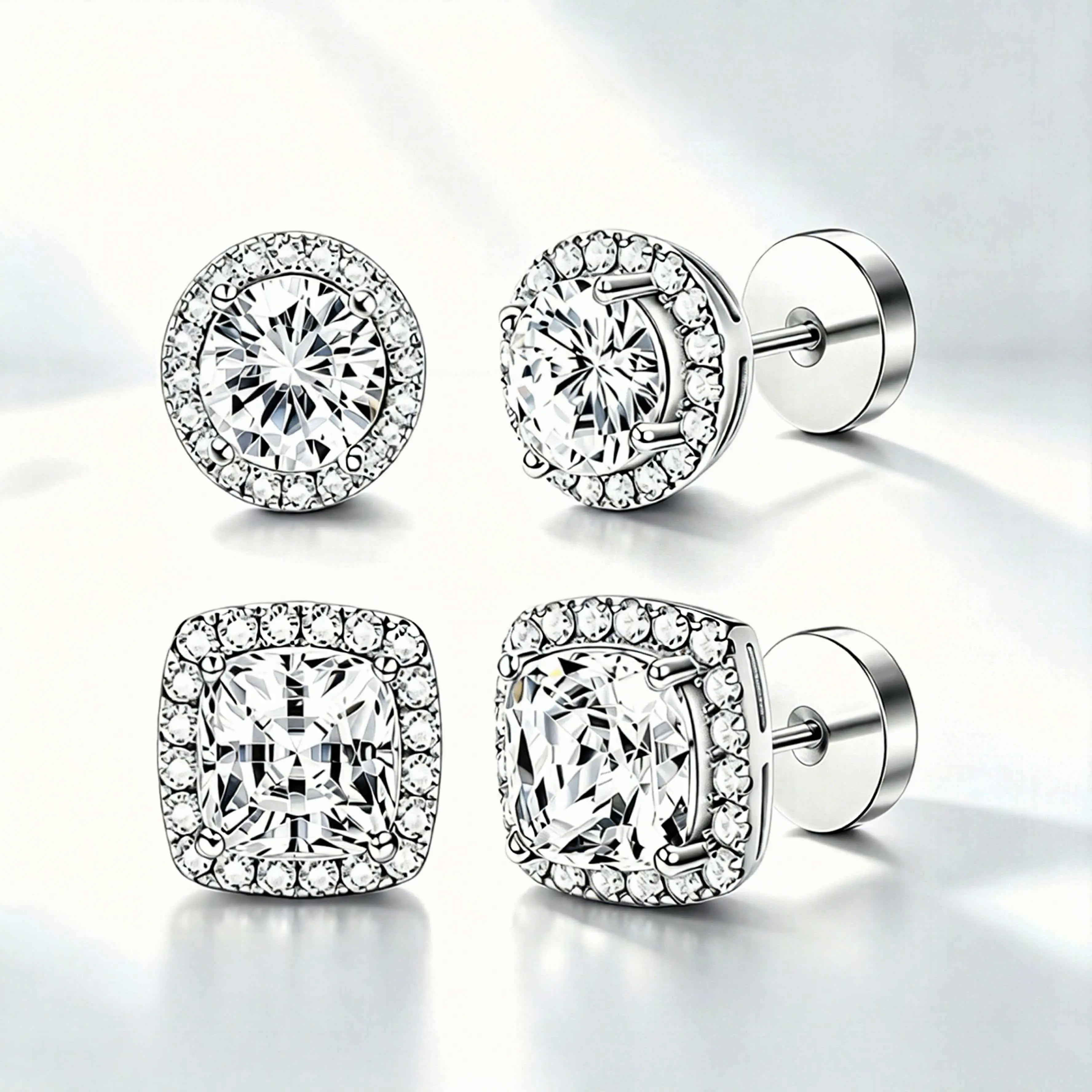 4-Piece Stud Earring Set for Women, Elegant Halo Round & Square Cut CZ Jewelry, Hypoallergenic Titanium Steel for Daily Wear & Stacking, Ear Studs, Stud Earring Jewelry