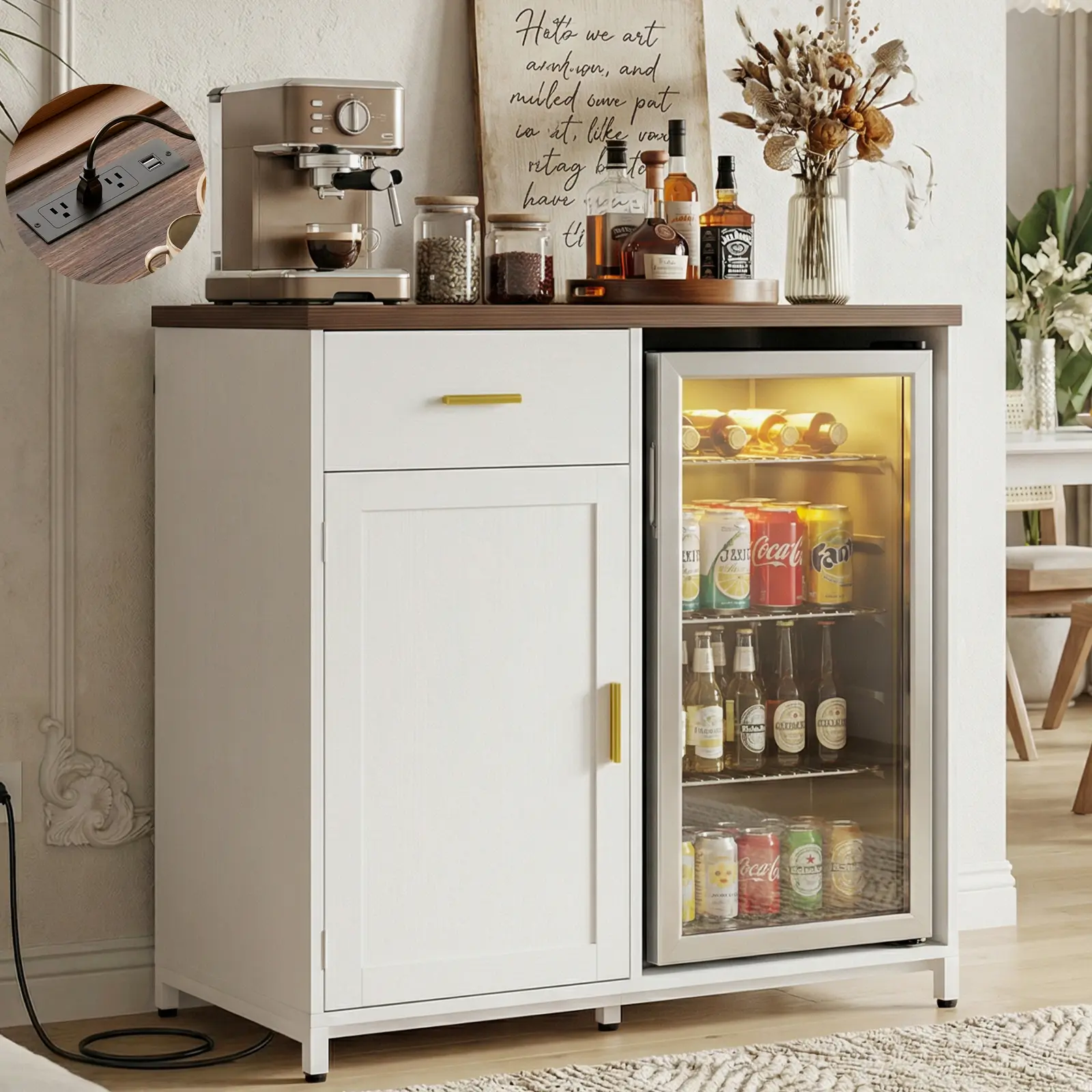 ISUNIRM 40-in Wide Sturdy Matte Black Walnut Grain Modern Farmhouse Coffee Bar Station Cabinet - All-in-1 Indoor Cupboard with Mini Fridge Space, 3 AC Outlets, 2 USB Ports, Wine Glass Holder, Pullout Drawer, Shelves for Small Kitchen Spaces
