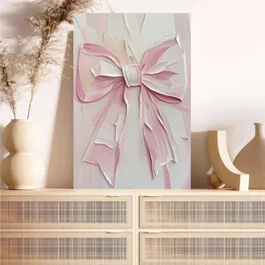 Textured Pink Bow Canvas Print Impasto Ribbon Art with Thick Brushstrokes Feminine 3D Wall Decor for Pink Room Girly Apartment Bedroom Nursery and Elegant Living Room Accents Floral Abstract Design Artistic Decoration - Artwork