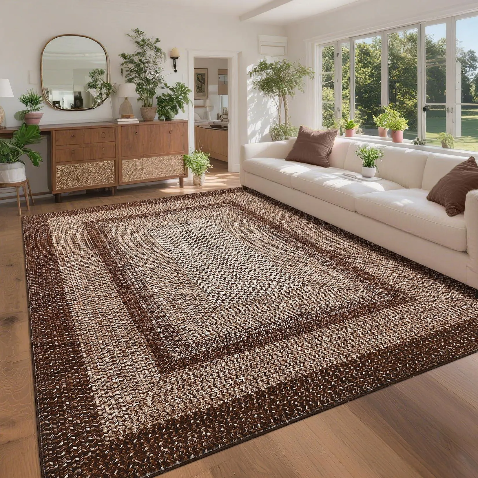 Dark Brown Printed Washable Rugs Runner 8x10 Rug for Living Room Bathroom Rugs Dark Brown Modern Imitation Braided Bedroom Rug Non Slip Geometric Kitchen Runner Stain Resistant Carpet