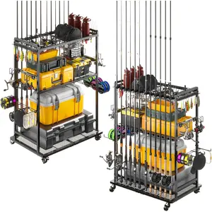 Fishing Rod Holder Fishing Pole Holders for Garage, 2 Top Baskets for Fish Reels, Side Hooks for  & Lines, Fish Tackle Storage Rack for Boxes & fishing supplies, Gifts for Men