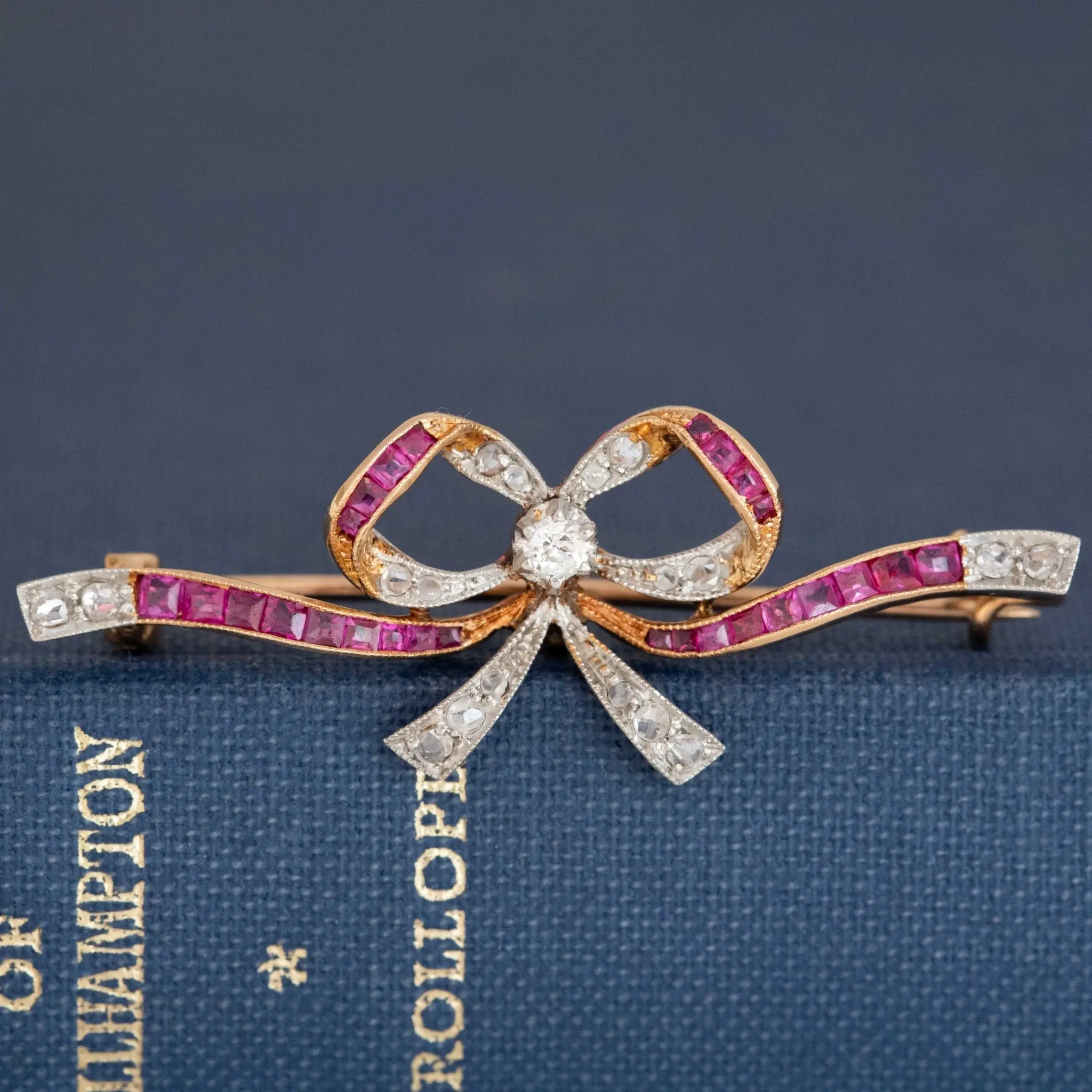 Antique Diamond & Ruby Bow Brooch