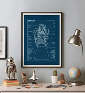 Spacex Raptor-1 Rocket Engine, Blueprint Poster, Starship, Rocket, Space Rocket Print, Space Theme Decor, Aerospace Gift, Astronomy Gift, Home Decor