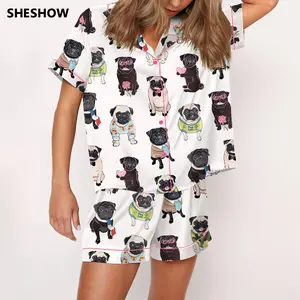 SHESHOW Cute Pug Silky Satin Pajama Set For Women Print Comfy Satin Sleepwear & Loungewear Pjs Printing Silky Top & Bottoms