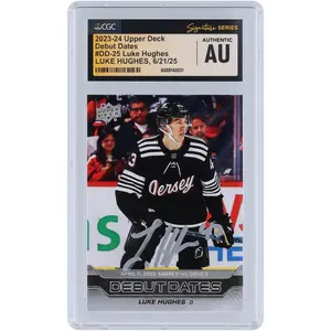 Luke Hughes New Jersey Devils Autographed 2023-24 Upper Deck Series 1 Debut Dates Silver Ink #DD-25 CGC Fanatics Witnessed Authenticated Rookie Card - Fanatics Authentic Certified