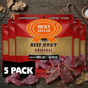 Original Flavor Beef Jerky Multipack - 5 Individual 0.625 Oz Ready-to-Eat Dried Meat Snacks, 7g Protein per Pack, Made with 100% Beef for Lunches