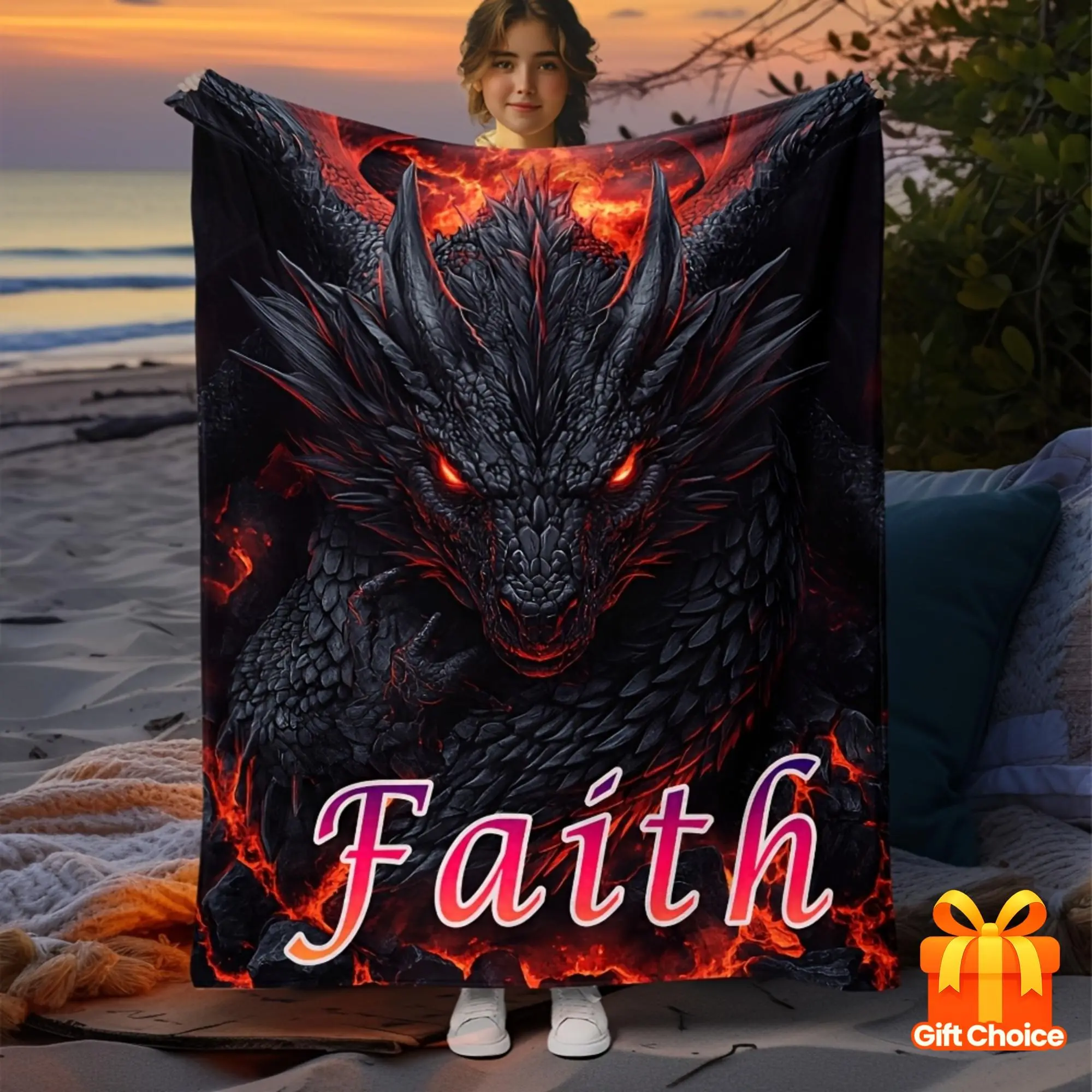 [Soft Chunky Knit] 1pc Soft Chunky Knit Fire Dragon Flannel Throw Blanket | Custom Name, Polyester Fiber, Machine Washable | All-Season Fleece for Sofa, Bed, Travel, Camping, Living Room, Office - Personalized Warm Gift for Family Friend