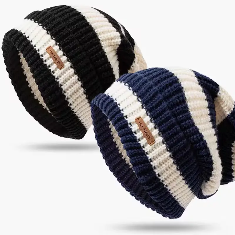 FEITAI 2pcs Navy/White/Gray/Striped Color Scheme Loose Fit Beanie Hats - Stretchy Winter Warm Caps with Ear Flaps, Windproof Cold Weather Hats for Cycling, Everyday & Special Occasions - Hand Wash Only, Cycling Gear, Vintage Aesthetic, Snug Fit, Headwear,