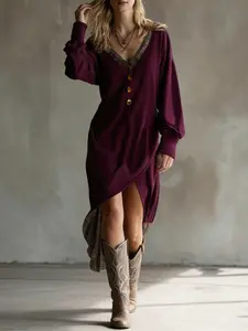Women's Fall Winter Two-Way Fleece Hem Neckline Patchwork Long Sleeve V-Neck Fashion Casual Boho Bohemian Dress, Stylish and Comfortable Casual Boho Fit