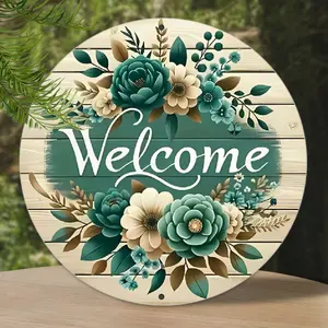 Decorative Signs & Plaques2D Plane, 1pc Aluminum Welcome Sign with Cyan Floral Design - Rustic Round Wall Decor for Home and Office, No Electricity Required for Easy Wall Hanging Artwork, Home Wall Decor | Glamorous Decorations | Classic Aesthetics