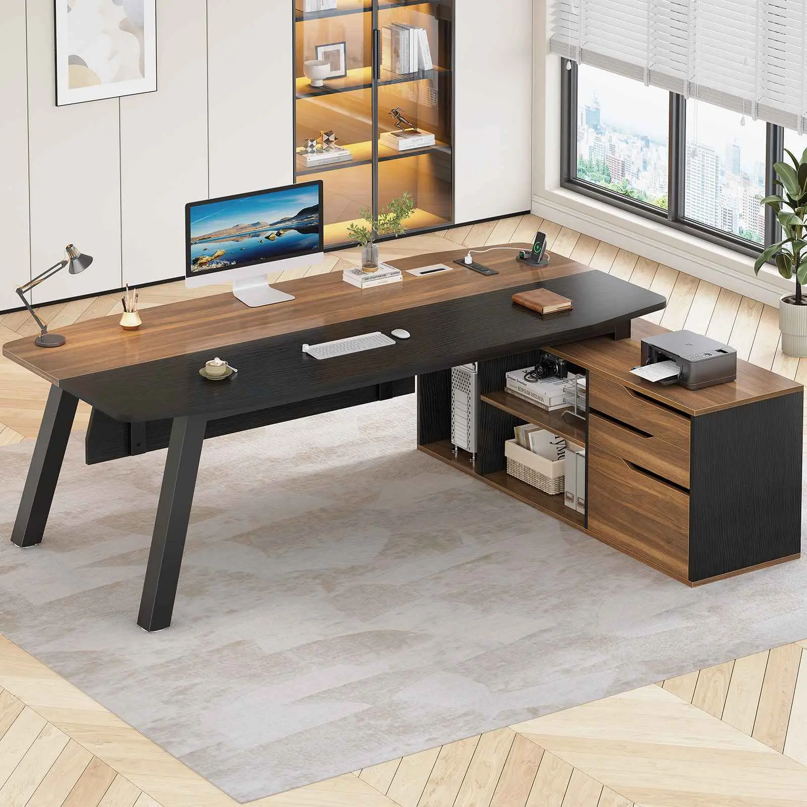 Sedeta 71-Inch Modern Sturdy Wooden Executive L-Shaped Office Computer Desk - Integrated Storage (File Cabinet, Drawers, Shelves), Integrated Power Outlets, Home Office Desk, Office Computer Table