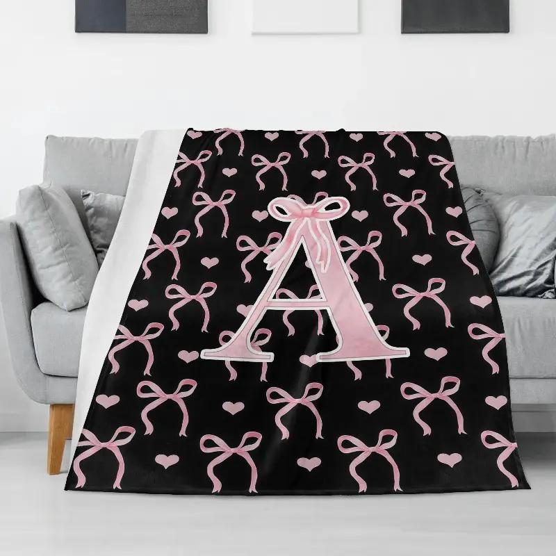 Alphabet A–Z print flannel throw blanket for teen girls, black/pink monogram flannel blanket, personalized gifts for daughter, women, ladies, custom blanket for bedding, bedroom, office