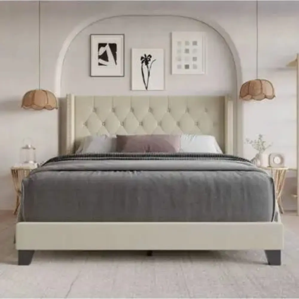 Flurevio Home Design Homer Tufted Upholstered Panel Bed With Nail Head Trim Wingback Headboard bedframe, Bed Frame, Upholstered Bed Frames