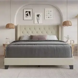Flurevio Home Design Homer Tufted Upholstered Panel Bed With Nail Head Trim Wingback Headboard bedframe
