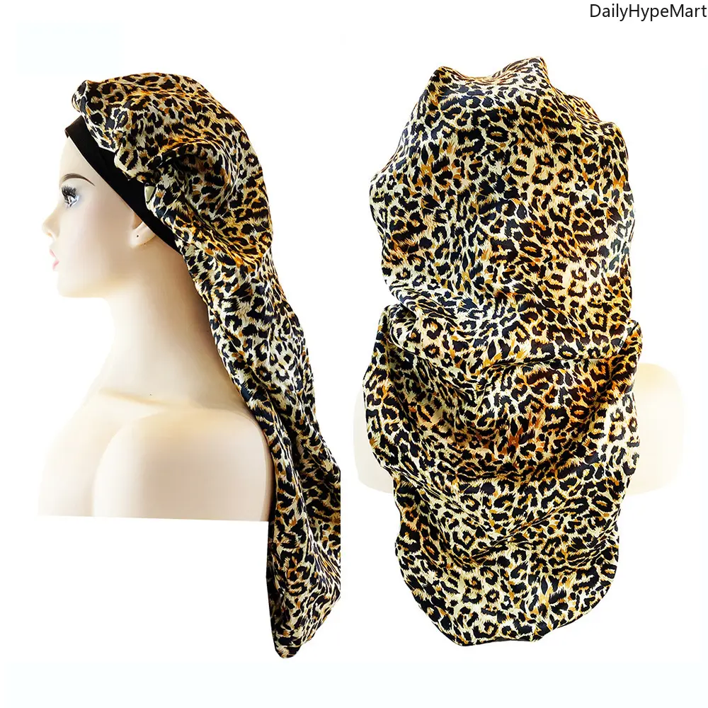 Satin Heatless Long Tube Hair Cap - Leopard Print Bonnet with Wide Elastic Band, Heatless Styling Tools for Dreadlocks (Multiple Colors), Casual, Basic, Fabric/Material, Fashion