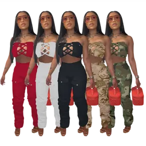 Strapless Top Lace-Up Front & Cargo Pants Set**
