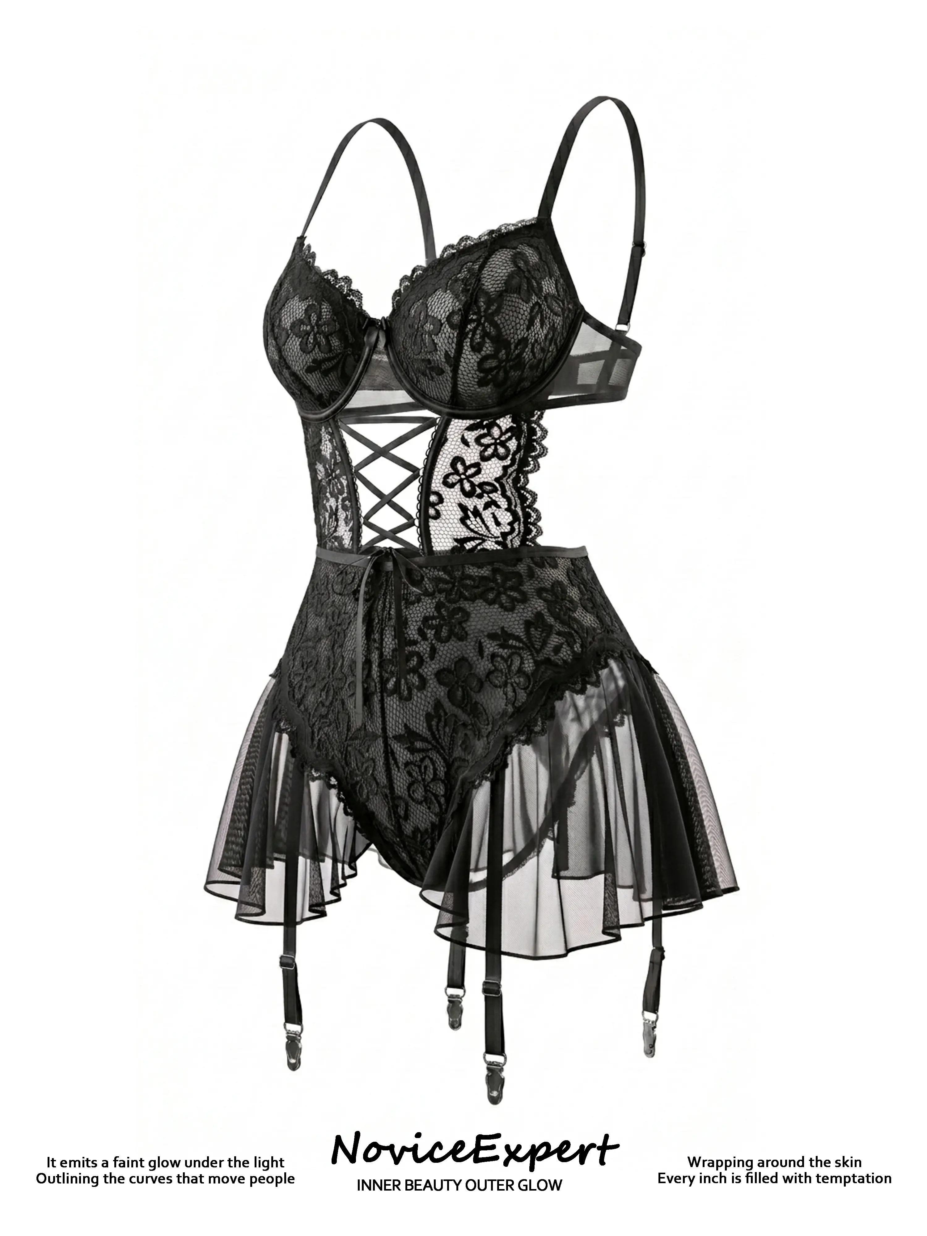 Lace Babydoll Lingerie Set for Women, Garter Belt and Fishnet Stockings Included, Romantic Nightwear