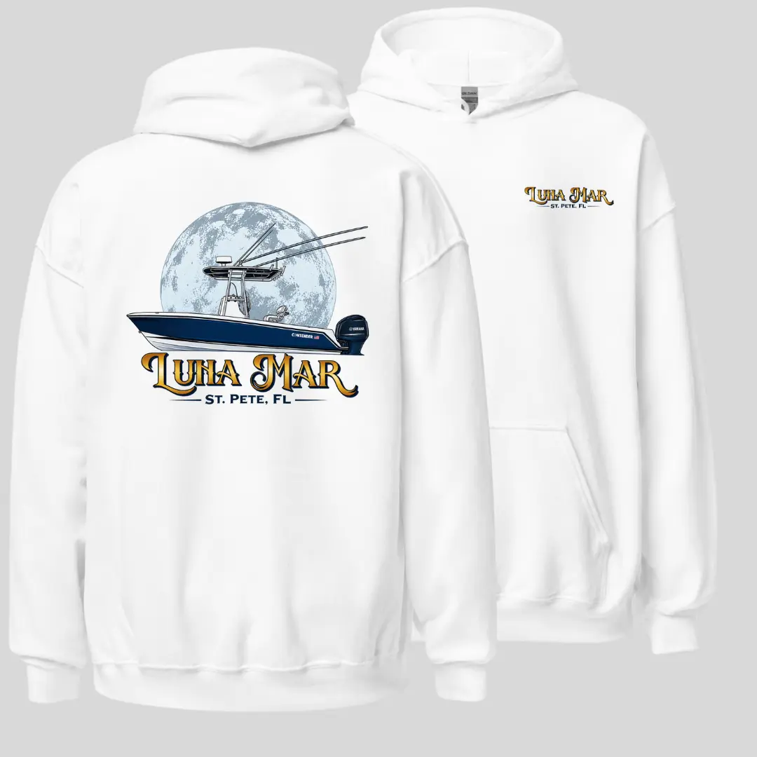 Luna Mar Boat Hoodie, Coastal Offshore Fishing Boat Graphic Pullover, Soft Cotton Blend Marine Apparel, Ocean Boating Hoodie for Men & Women, Boat Lover Gift