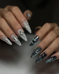 Gothic Chrome Black Press On Nails | 3D Chrome and Black Fake Nails | Edgy Chrome and Black Nail Art | Dark Glam False Nails | DC151Y