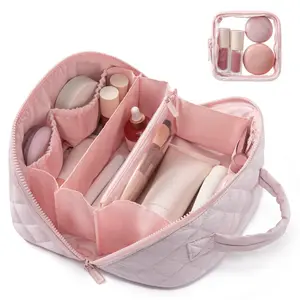 Travel Makeup Bag for Women -180 Lay-FlatLarge Puffy Cosmetic Organizer with 5Compartments, Machine Washable, Ideal Giftfor Her,Christmas
