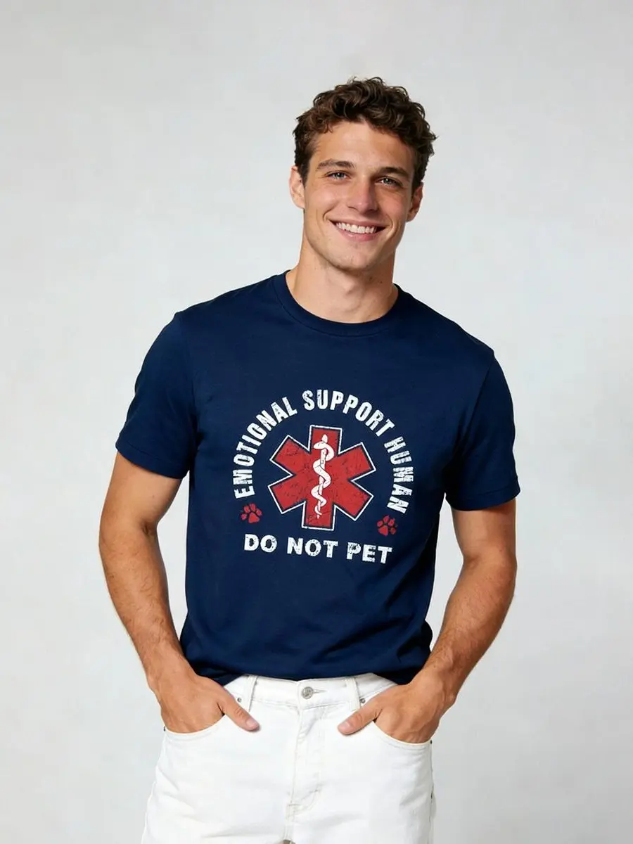 GEEKSOUTFIT Unisex Emotional Support Human T-Shirt, Funny Graphic Short Sleeve Streetwear Tee in Heavyweight 230gsm Cotton with Soft Non-Sticky Print, Tshirt, Shortsleeve, Menswear, 1" Ribbed Neck, Print Stays Secure, Yarn, Fabric, Colorfast Dye, Unisex C