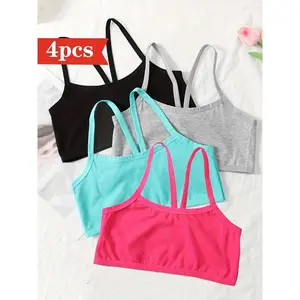 (New)4-color Girls' Training Bras for 7-16-year-old Girls In The Development Period. Suitable for Teenage Girls' Sports, Comfortable And Breathable Spaghetti-strap Tank Tops, Sports Bras.