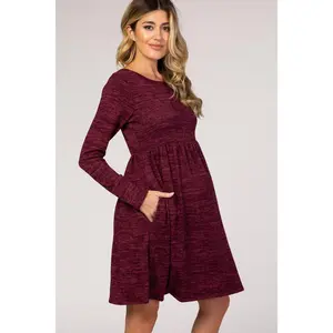 Burgundy Heathered Long Sleeve Knit Maternity Dress