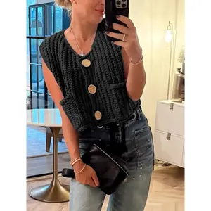 Women’s plain cable-knit cropped sweater vest with front button closure and pockets, casual sleeveless round-neck cardigan for everyday wear, ladies’ knitwear for all seasons GARMENTARY