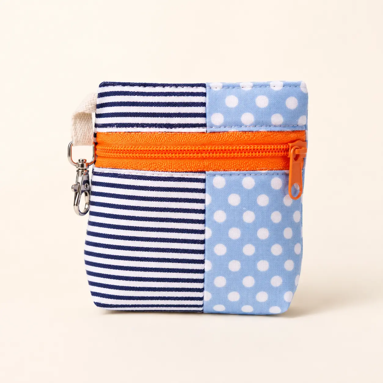 Handmade Standing Zipper Pouch – Navy Polka Dot & Blue Stripe / Pink Zipper