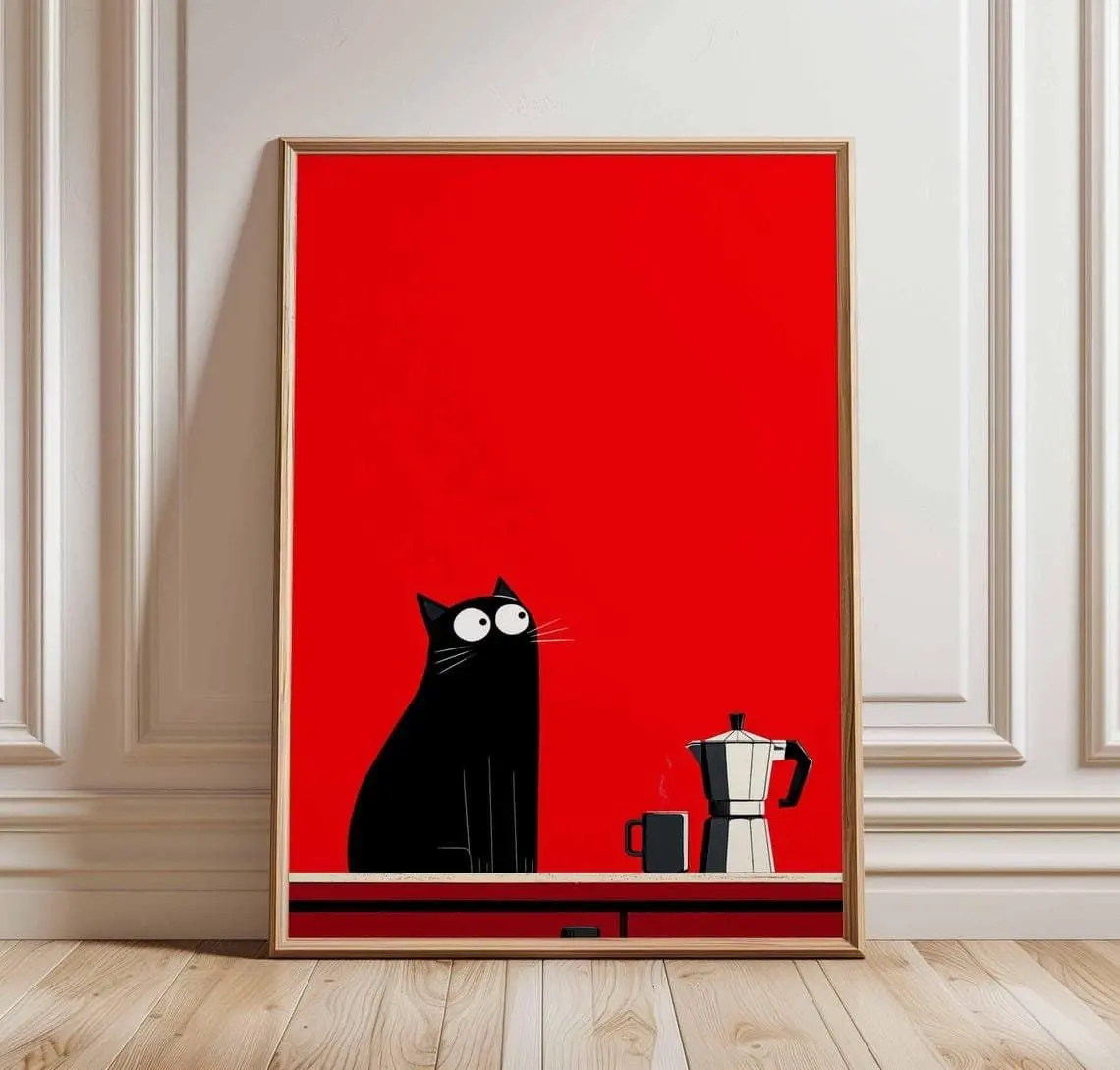 [Sale off up to 50%] [Free ship] [No Frame] Black Cat Coffee Poster, Red Kitchen Wall Art, Funny Minimalist Cat Print, Moka Pot Coffee Lover Decor, Cute Cat Illustration Gift
