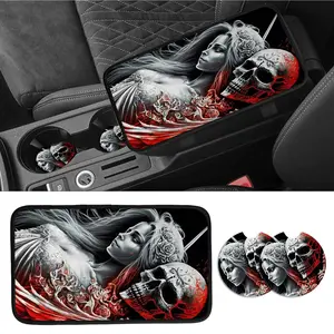 3-Piece Skull Car Console Cover Set, Universal Car Armrest Covers with 2 Cup Holders, Fits Most Cars, Car Decoration Accessories, Vehicle, Car Interior Set