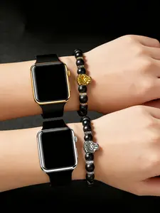 2-Pack Sport Casual Square Minimal LED Electronic Casual Trendy Modern Fashionable Wristwatch Couple Watches & Leopard Beaded Bracelet, Back-To-School Fashion Gift, Perfect Birthday Present