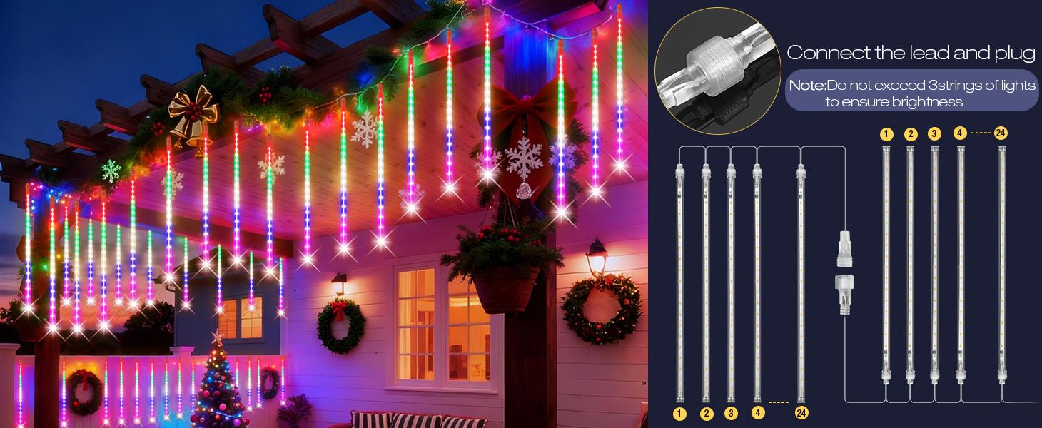 4th of July Independence Day Decorations - PEMOTech 24 Tubes Meteor Shower Lights, 30cm 576 LED Falling Raindrop Lights, Waterproof Outdoor Decor for Memorial Day Garden Pathway