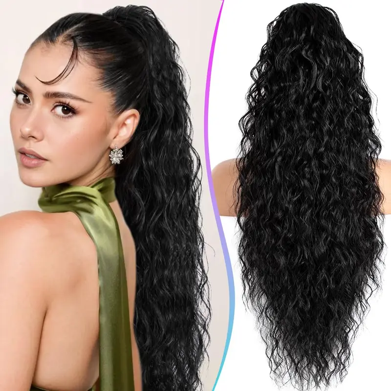 Female 30in Curly Black Claw Clip Drawstring Ponytail Extension - Strong Hold, Fluffy, Natural-Looking Heat-Resistant Synthetic Piece with Colorful Tinsel Kit, Enhance Your Look Effortlessly, Quick Hairstyle Solutions for Daily Use