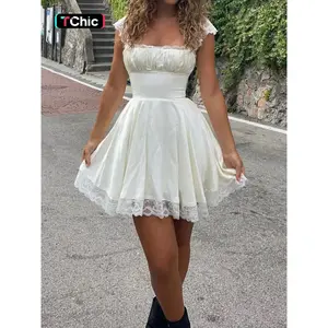 Women's solid lace trimmed dress, short formal dress for parties, holidays, weddings, women's summer wear(Sheet)