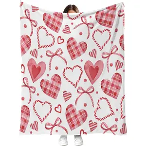 Valentines Day Throw Blanket Pink White Plaid Heart Bow Soft Cozy Flannel Blanket Romantic Valentine'S Gift For Her Wife Mom Women Valentine Blankets For Couch Bed Sofa Decor, 50W X 15.85Gal