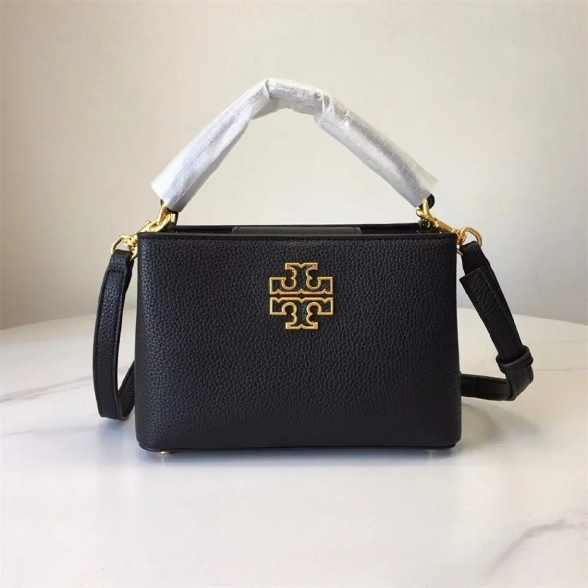 Tory Burch Double‑T Logo Top‑Handle Crossbody Satchel, Pebbled Leather Women Handbag, Removable Strap for Daily Commute & Travel