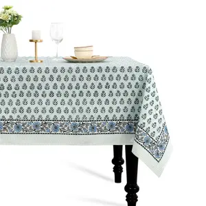 Cotton Block Print Tablecloth – Poppy Blue