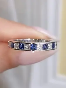 Luxury Women's Ring, 4mm Wide Band, Blue and Transparent Square Engagement Wedding Ring, Stainless Steel, Hypoallergenic, Gift for Special Occasions